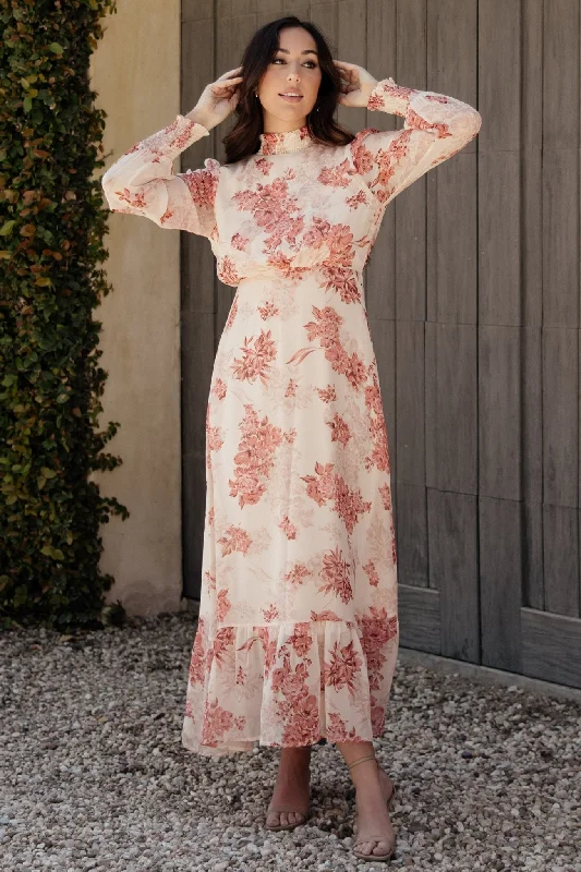 Luciana Maxi Dress | Beige + Rose Elegant Maxi Dress with Lace