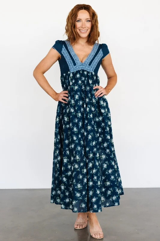 Lucille Maxi Dress | Dark Blue Floral Fashionable High-Low Maxi Dress