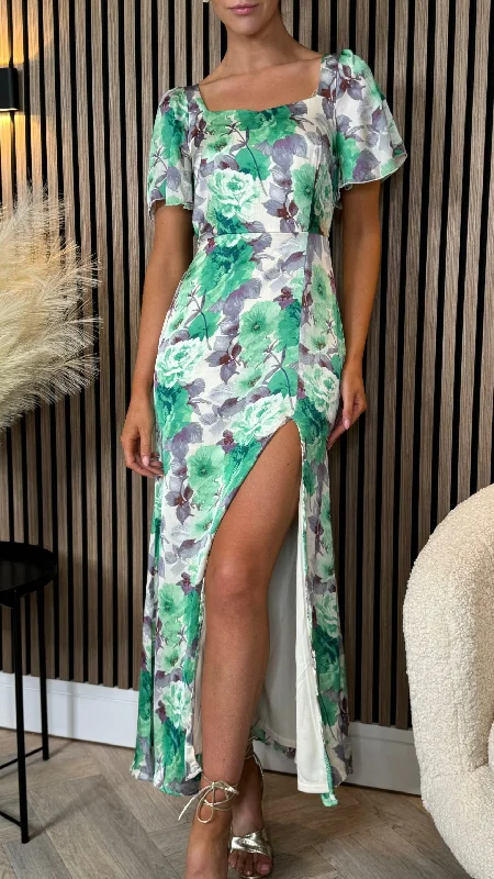 Marley Green & Purple Printed Sweetheart Neck Maxi Dress Fashionable Faux Wrap Maxi Dress