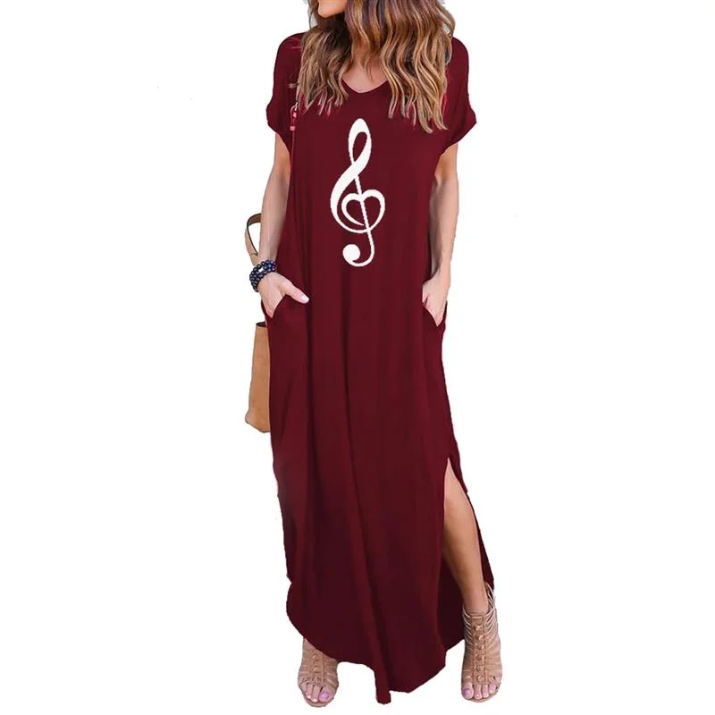 music Print women maxi dress fashion clothes american dresses Plus Size long vestidos sexy 2022 summer casual dress Chic Off-Shoulder Maxi Dress