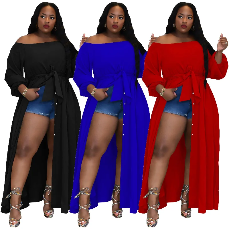 New Fashion Party High Street Woman Plus Size Women's Clothing Off Shoulder Split Maxi Dress with Belt Comfortable Pleated Maxi Dress