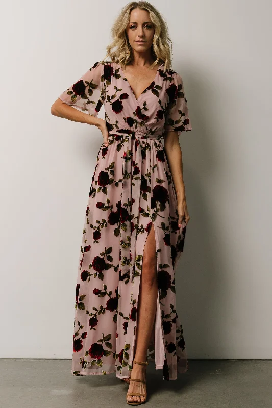 Parisian Velvet Maxi Dress | Blush Rose Floral Comfortable Maxi Dress with Belt