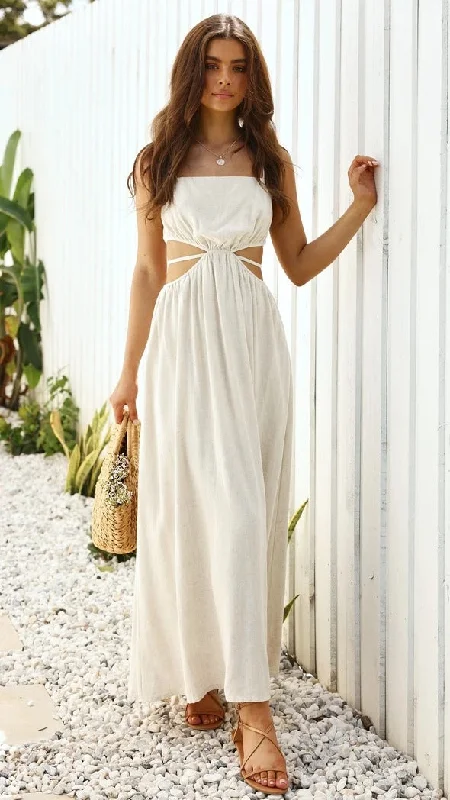 Rachelle Linen Blend Cutout Halter Maxi Dress - Taupe Cozy Longline Maxi Dress