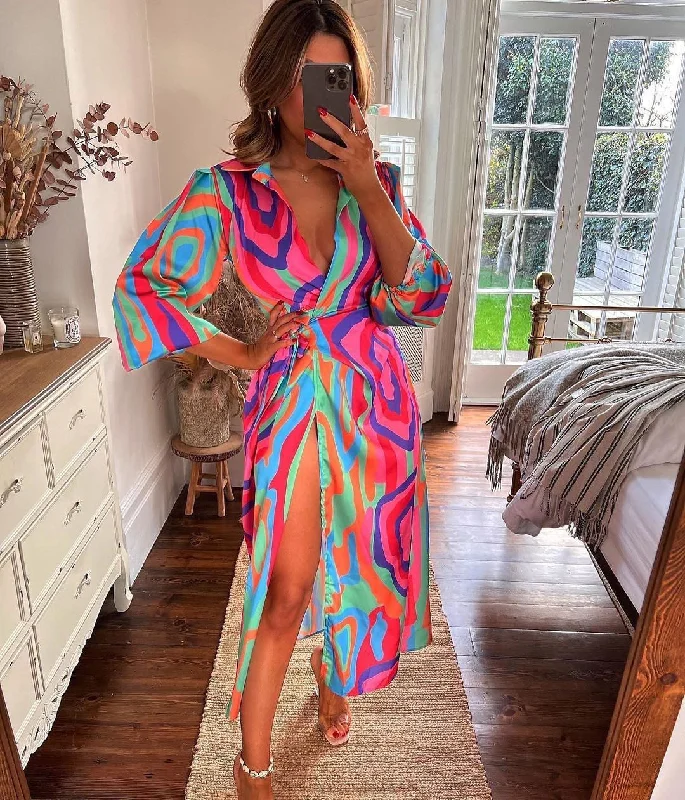 Ravi Printed Long Sleeve Wrap Maxi Dress - FINAL SALE Comfortable Maxi Dress with Sleeves