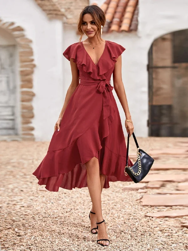 Red Carpet Ruffle Wrap High Low Maxi Dress - Maroon - FINAL SALE Stylish Pleated A-Line Maxi Dress