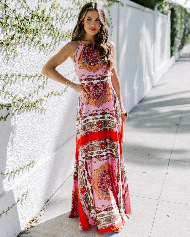 PREORDER - Reina Printed Halter Maxi Dress Fashionable High-Low Maxi Dress