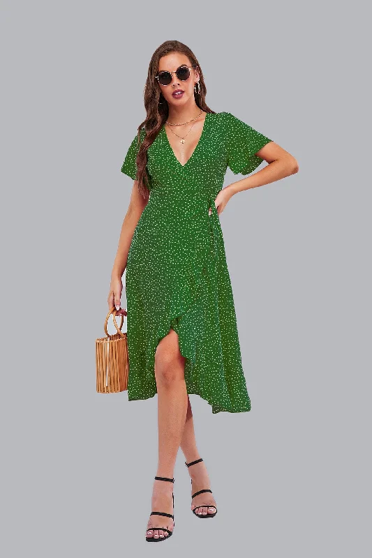 Rejoice Metallic Detailed Wrap Maxi Dress - Green - FINAL SALE Trendy Ruffled Maxi Dress