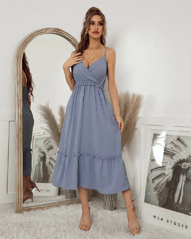 Remembered Always Swiss Dot Peplum Maxi Dress - Blue - FINAL SALE Elegant Maxi Dress with Ruffles