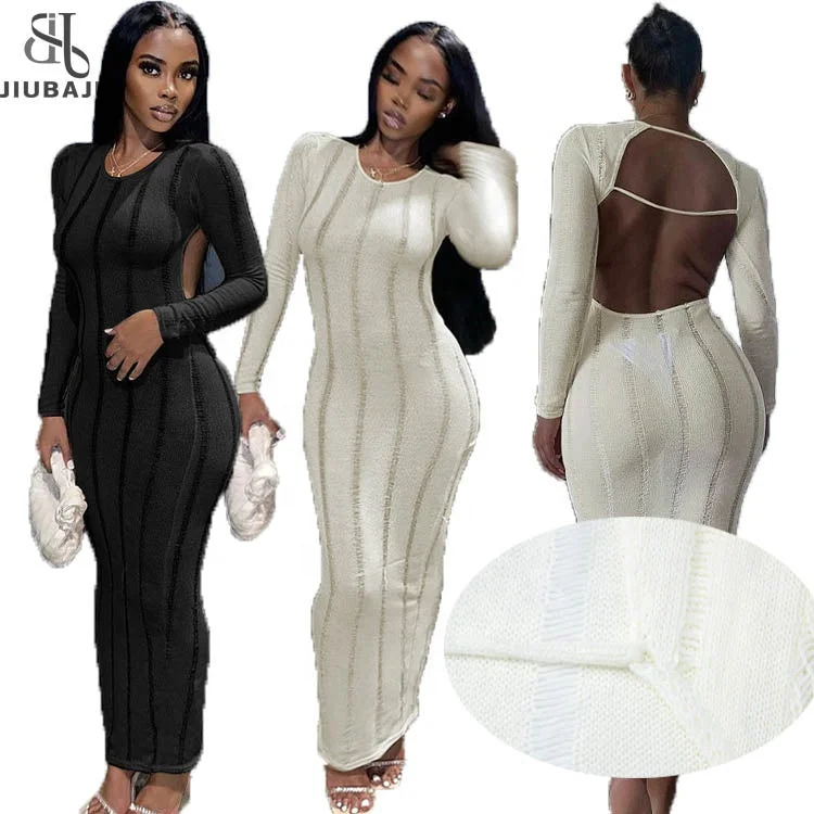 Sexy Knit Hollow Out Bodycon Maxi Dresses Club Outfit For Women 2023 Long Sleeve Backless Party Long Dress Stylish A-Line Maxi Dress