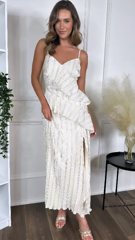 Shelby Cream & Gold Strappy Frill Detail Maxi dress Stylish Pleated A-Line Maxi Dress