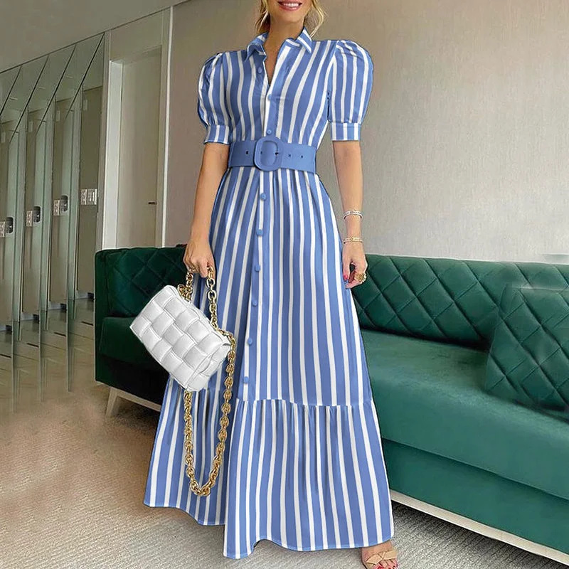 Summer Elegant Turn Down Collar Stripe Print Shirts Maxi Dress With Belt Casual Women Puff Sleeve Long Dresses Comfortable Cotton Maxi Dress