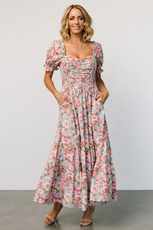 Tiana Maxi Dress | Vintage Blue + Pink Floral Trendy Floral Print Maxi Dress