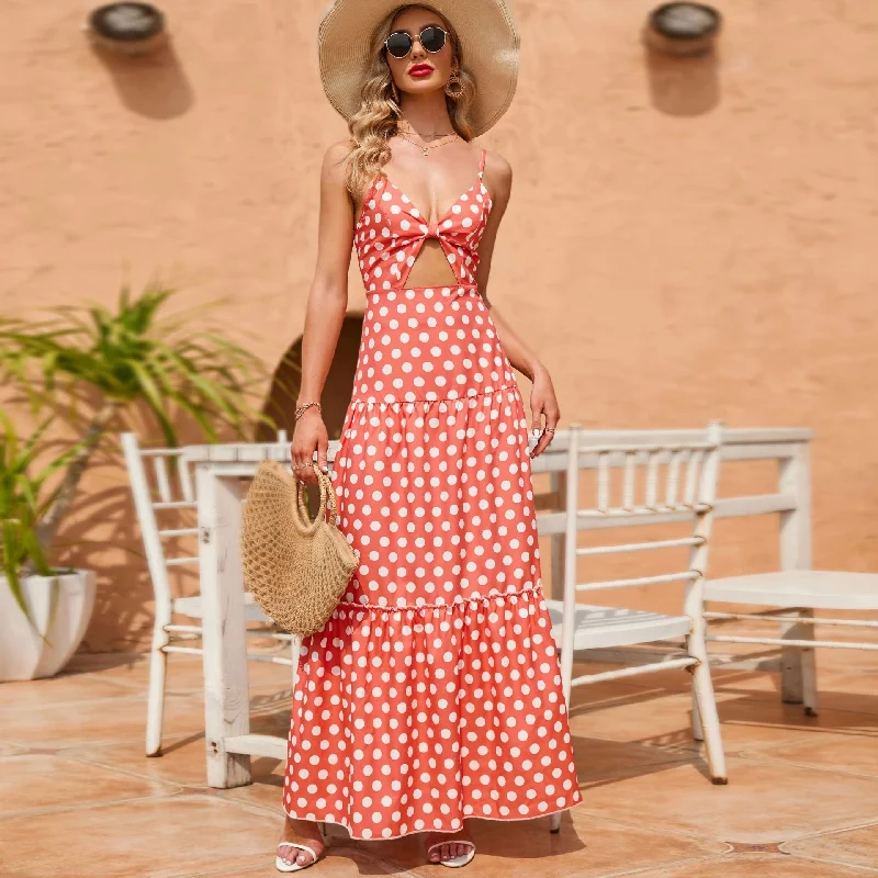 Torrie Polka Dot Tie Front Maxi Dress - Rust - FINAL SALE Trendy Maxi Dress with Belt