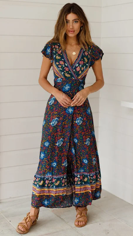 Tribute Printed Wrap Maxi Dress Trendy Short Sleeve Maxi Dress