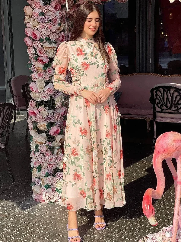 Victoria - Peach Floral Maxi Dress with Long Sleeves Classic Strapless Maxi Dress