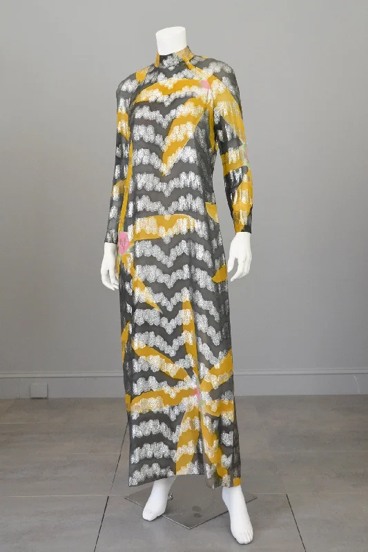 Vintage 70s Silver Lame Goldenrod and Charcoal Retro MOD Maxi Dress Trendy A-Line Maxi Dress