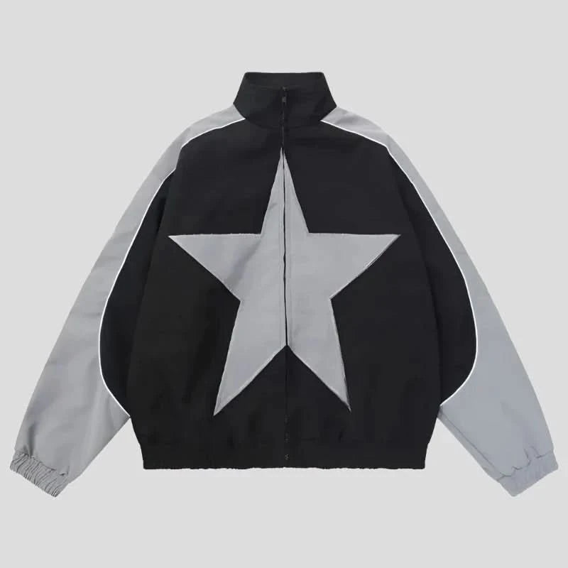 Vintage Star Patchwork Bomber Jacket Notch Collar Jacket Peter Pan Collar Jacket Cowl Neck Jacket