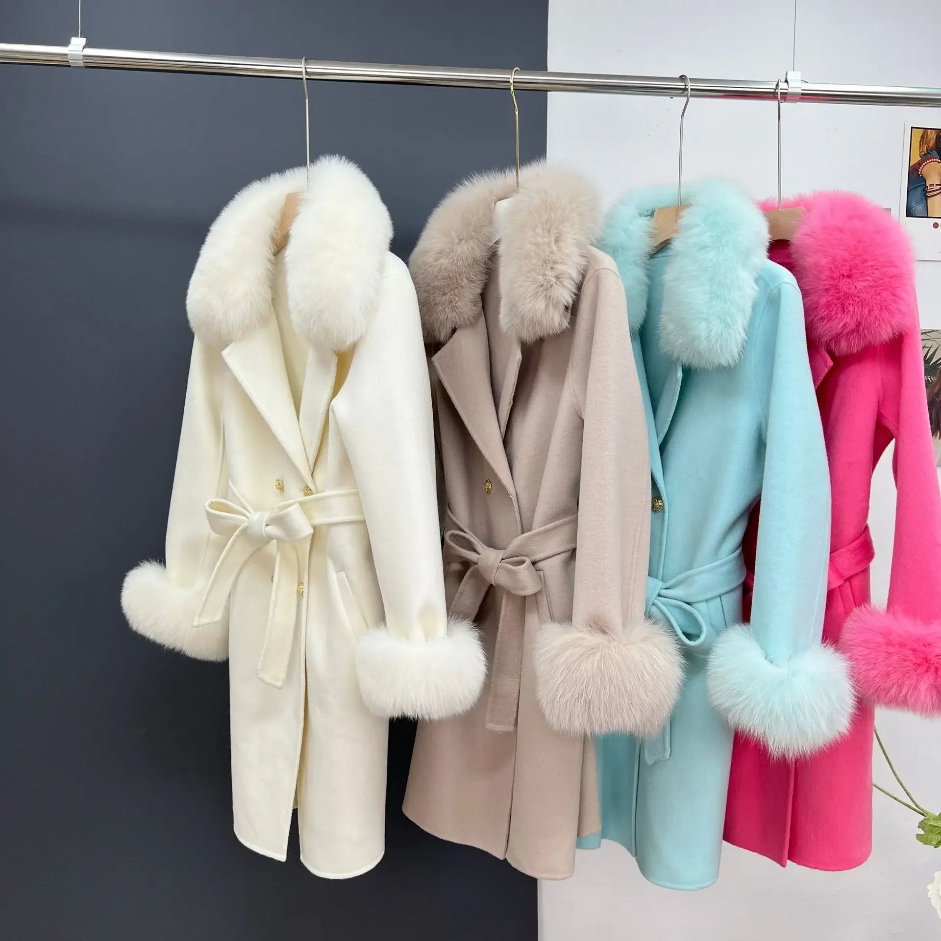 Winter Women Jacket Cashmere Coat Real Fox Fur Collar Wool Blends Double Breasted Loose Warm Luxury Fashion Outerwear Fleece Jacket Down Jacket Parka