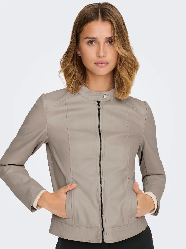 JDY Emily Faux Leather Jacket -GREY Zippered Jacket Buttoned Jacket Snapped Jacket