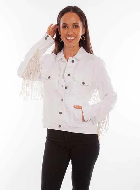 LADIES WHITE DENIM JACKET W/CRYSTAL FRINGE Embroidered Jacket Appliqued Jacket Beaded Jacket