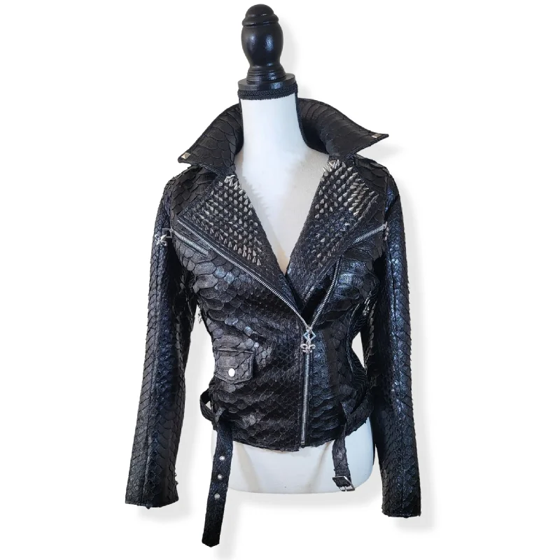 ROCK STAR STUDDED PYTHON EXOTIC LEATHER JACKET WOMEN Tiered Jacket Buttoned Jacket Zippered Jacket