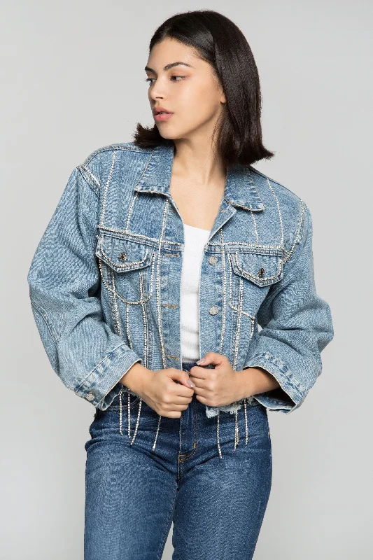 Sapphire Blue Diamond Studded Denim Jacket Bomber Jacket Anorak Windbreaker