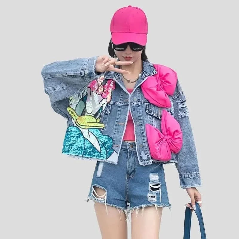 Short Jean Jacket with Cartoon Sequins for Teens Striped Jacket Polka Dot Jacket Floral Jacket