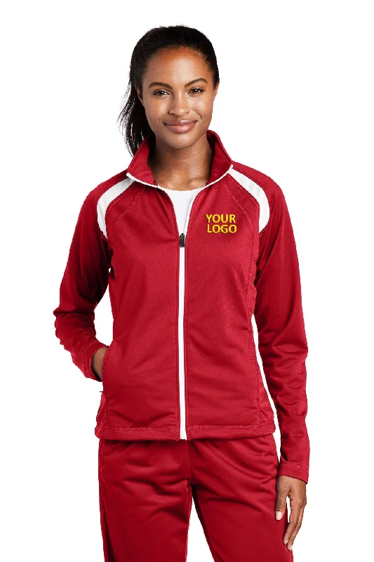 Sport-Tek Ladies Tricot Track Customized Jackets, True Red/White Trench Coat Raincoat Waterproof Jacket