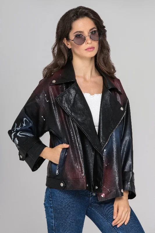 Spray Painted Faux Leather Jacket Hooded Jacket Caped Jacket Shawl Collar Jacket