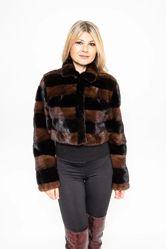 76 | Two-Tone Dark Brown Mink Fur Crop Jacket Print Jacket Jacquard Jacket Patchwork Jacket