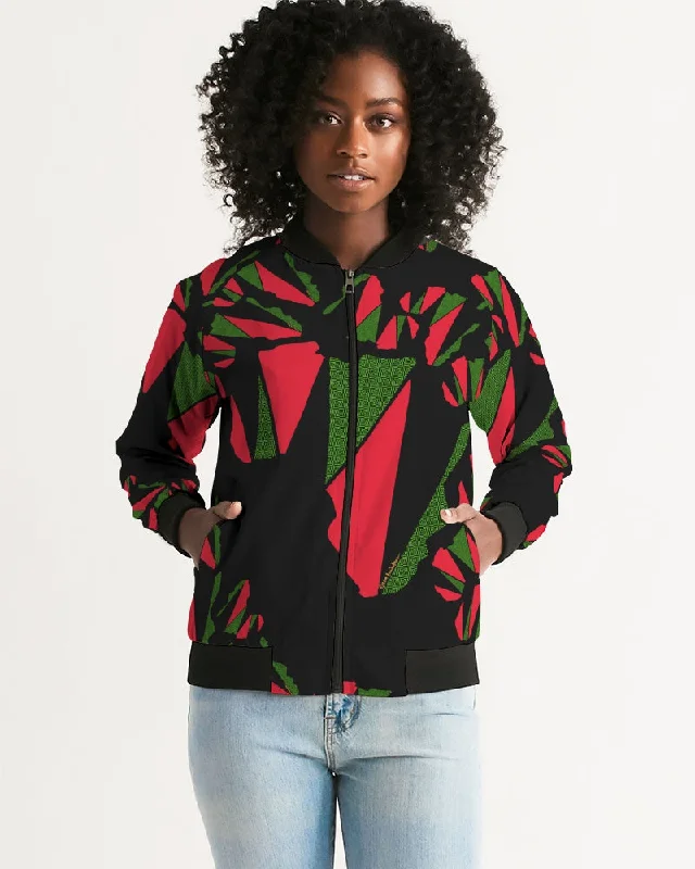 The REAL RBG: RED, BLACK, and GREEN Women's Bomber Jacket Front Pockets Side Pockets Patch Pockets