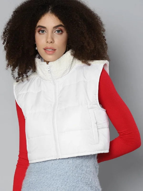 Women Solid White Sleeveless Jacket Fitted Jacket Loose Jacket Oversized Jacket