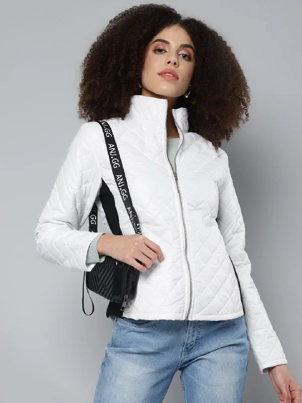 Women Solid White Full Sleeve Jacket Front Pockets Side Pockets Patch Pockets