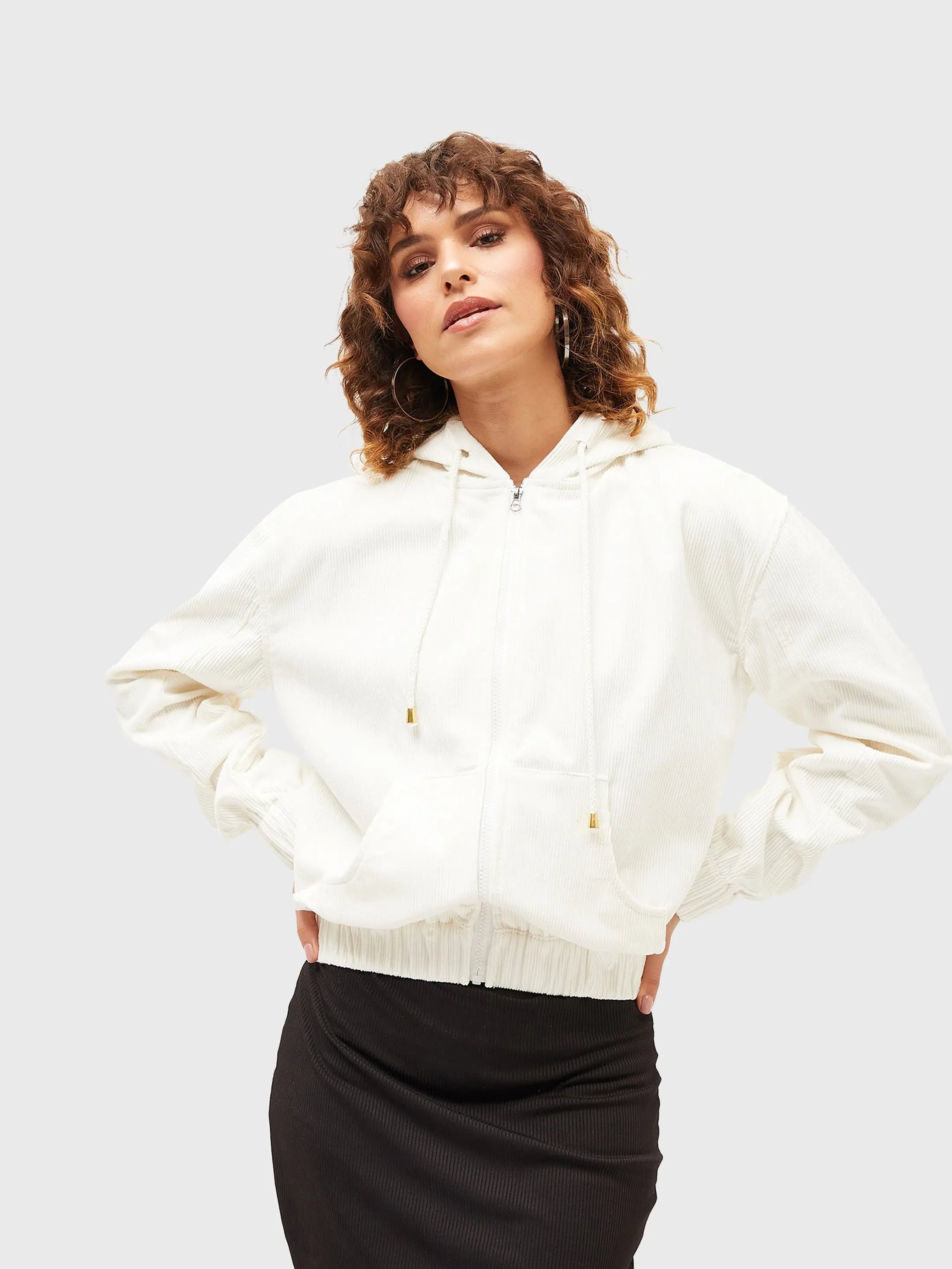 Women Solid Standard White Round Neck Full Sleeve Jacket Hoodie Zip-Up Jacket Button-Up Jacket