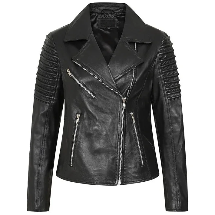 Women's Black Leather Biker Jacket By 3A Satin Jacket Silk Jacket Chiffon Jacket