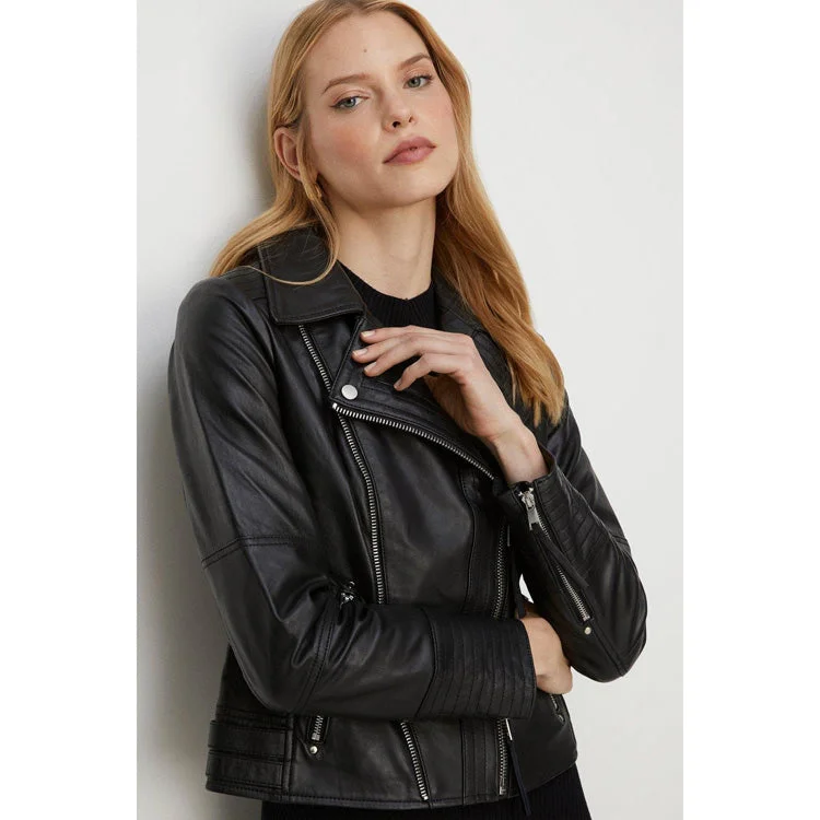 Women's Black Leather Detail Biker Jacket By 3A Jersey Jacket Tulle Jacket Batik Jacket