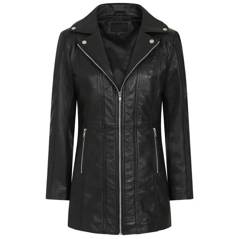 Women's Black Long Leather Biker Jacket By 3A Wool Jacket Cashmere Jacket Tweed Jacket