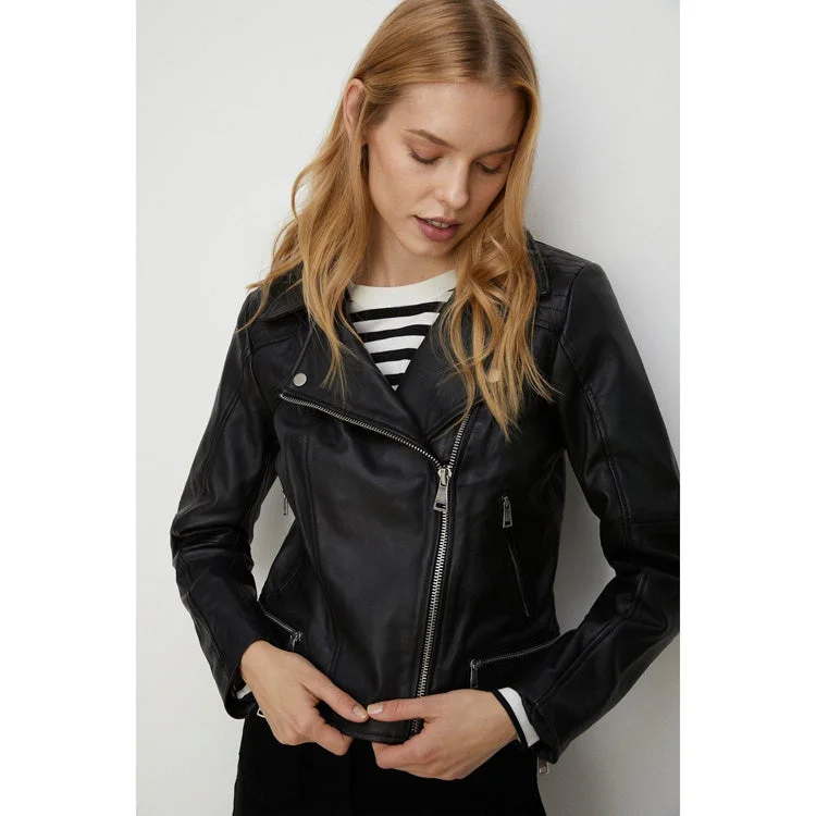 Women's Black Real Leather Biker jacket By 3A Cotton Fabric Linen Fabric Terry Fabric