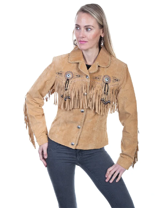 Women's Boar Suede & Beaded Fringe Jacket Collared Jacket Crew Neck Jacket Turtle Neck Jacket