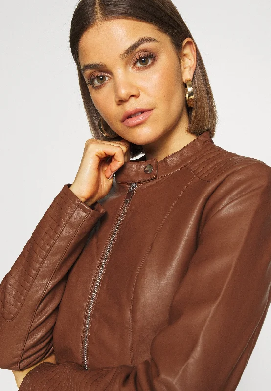 Women’s Chocolate Brown Leather Biker Jacket Ban Collar Notch Collar Jacket Peter Pan Collar Jacket Cowl Neck Jacket