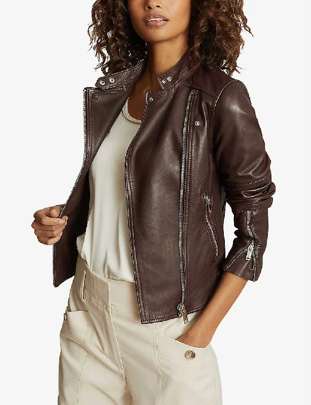 Women’s Chocolate Brown Leather Biker Jacket Faux Fur Jacket Real Fur Jacket Shearling Jacket