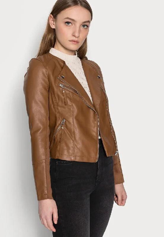 Women’s Tan Brown Genuine Leather Biker Jacket Welt Pockets Slit Pockets Flap Pockets