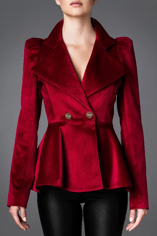 Women's Velvet Jacket - Daring Red Boat Neck Shawl Collar Notched Collar