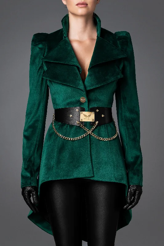 Women's Velvet Jacket - Wisdom Emerald Green Stand-Up Collar Roll-Neck Collar Turtle Neck