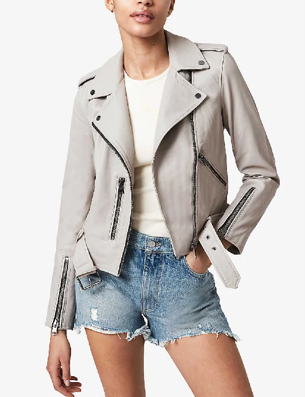 Women’s White Genuine Leather Biker Jacket Lace Jacket Ribbed Jacket Sequined Jacket