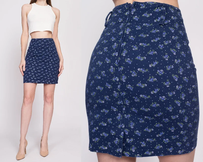 90s Blue Floral Mini Pencil Skirt - Extra Small, 24.5" wool skirt warm