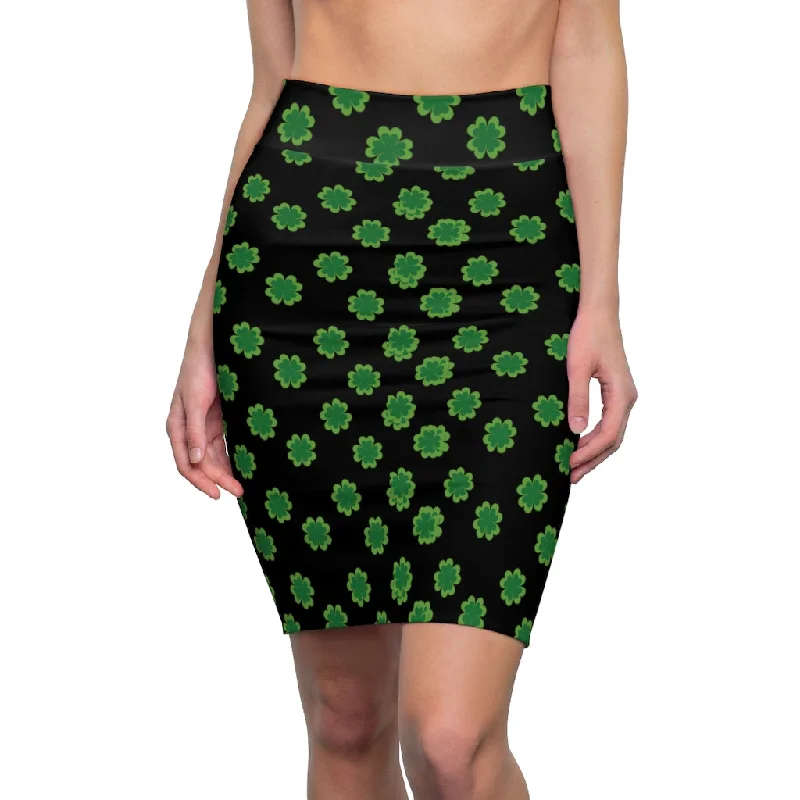 Green Clover Leaf Pencil Skirt, Black Irish Lucky St. Patrick's Day Women's Skirt- Made in USA relaxed fit skirt