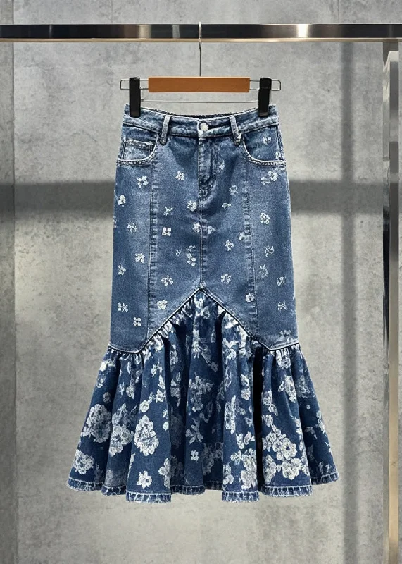 Boho Blue Print Silm Fit Denim Wraped Skirts Fall button skirt front