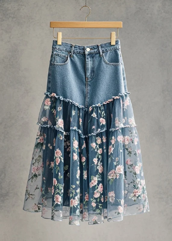 Chic Pink Flower Print Patchwork Tulle Denim Skirt Fall cashmere skirt soft