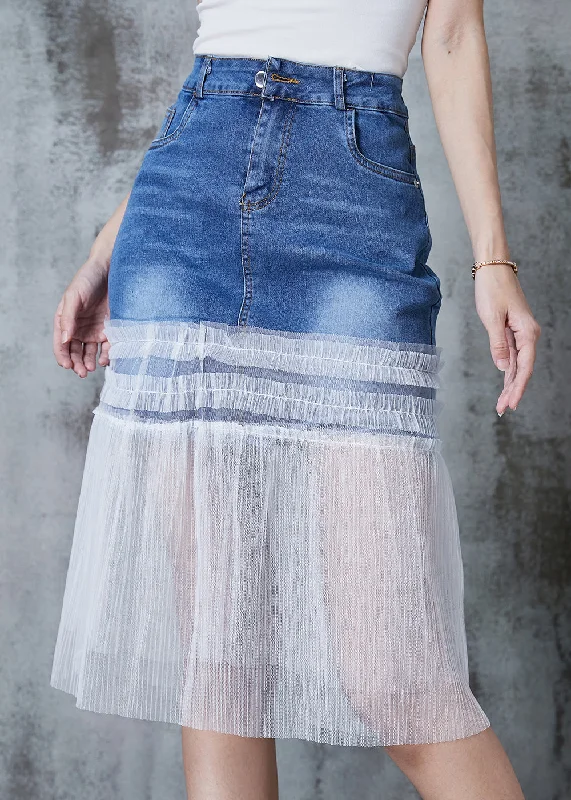 Fashion Denim Blue Ruffled Patchwork Tulle Skirt Summer velvet skirt sumptuous